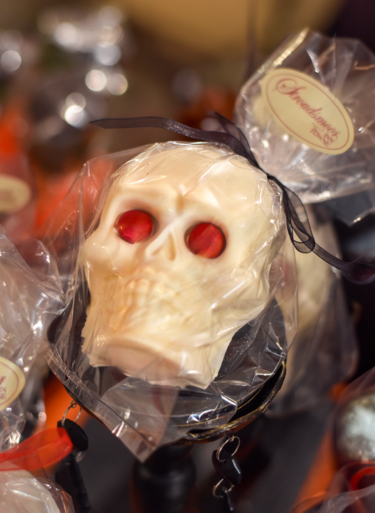 White chocolate skull head adorned with red m&m eyes